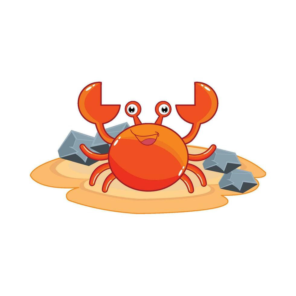 krabba karaktär med sten i strand illustration vektor