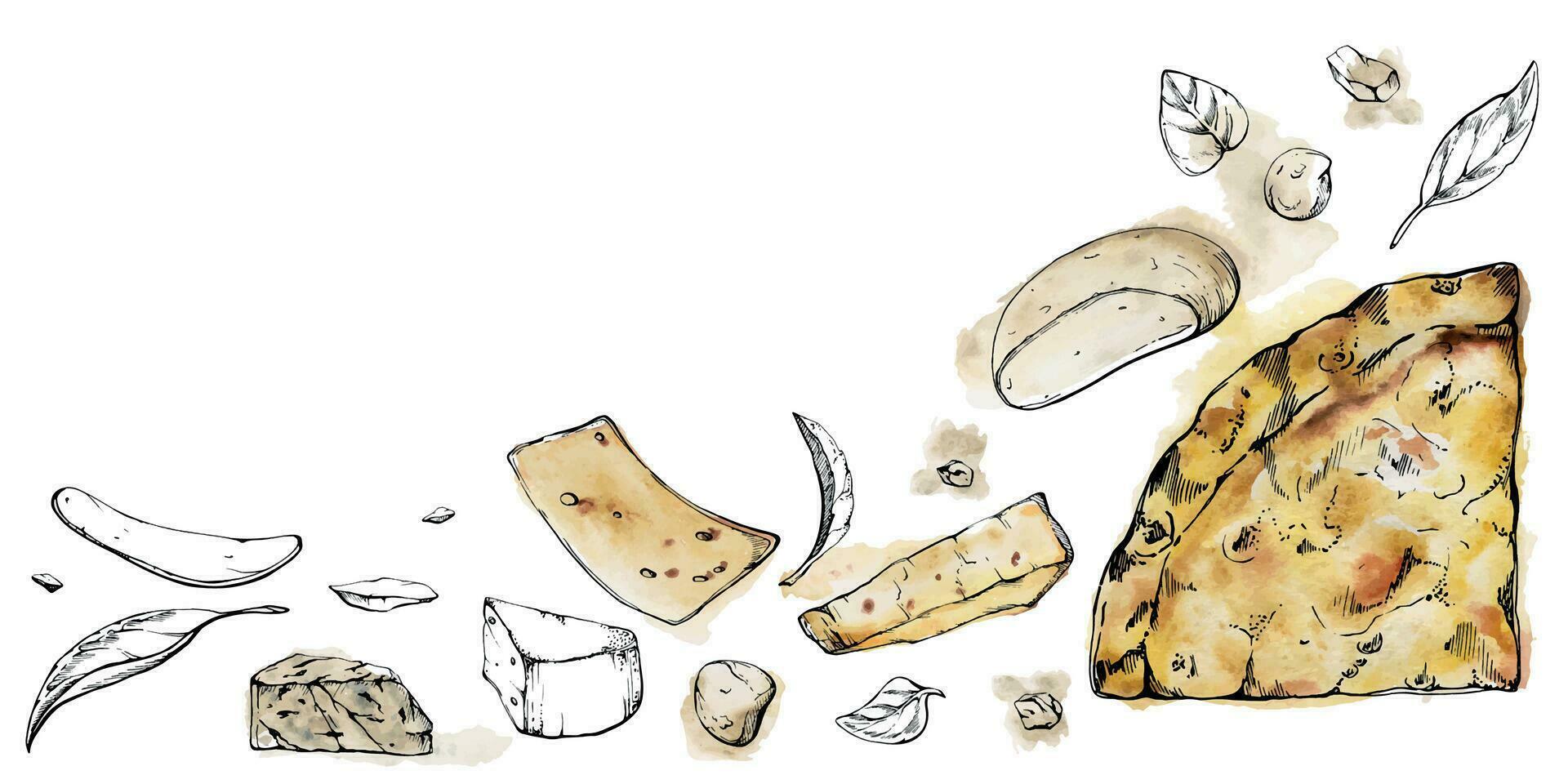 Hand gezeichnet Aquarell Tinte Illustration. quattro Formaggi vier Käse Pizza Scheibe, Italienisch Küche. Komposition isoliert auf Weiß. Design zum Restaurant Speisekarte, Cafe, Essen Geschäft oder Paket, Flyer drucken. vektor