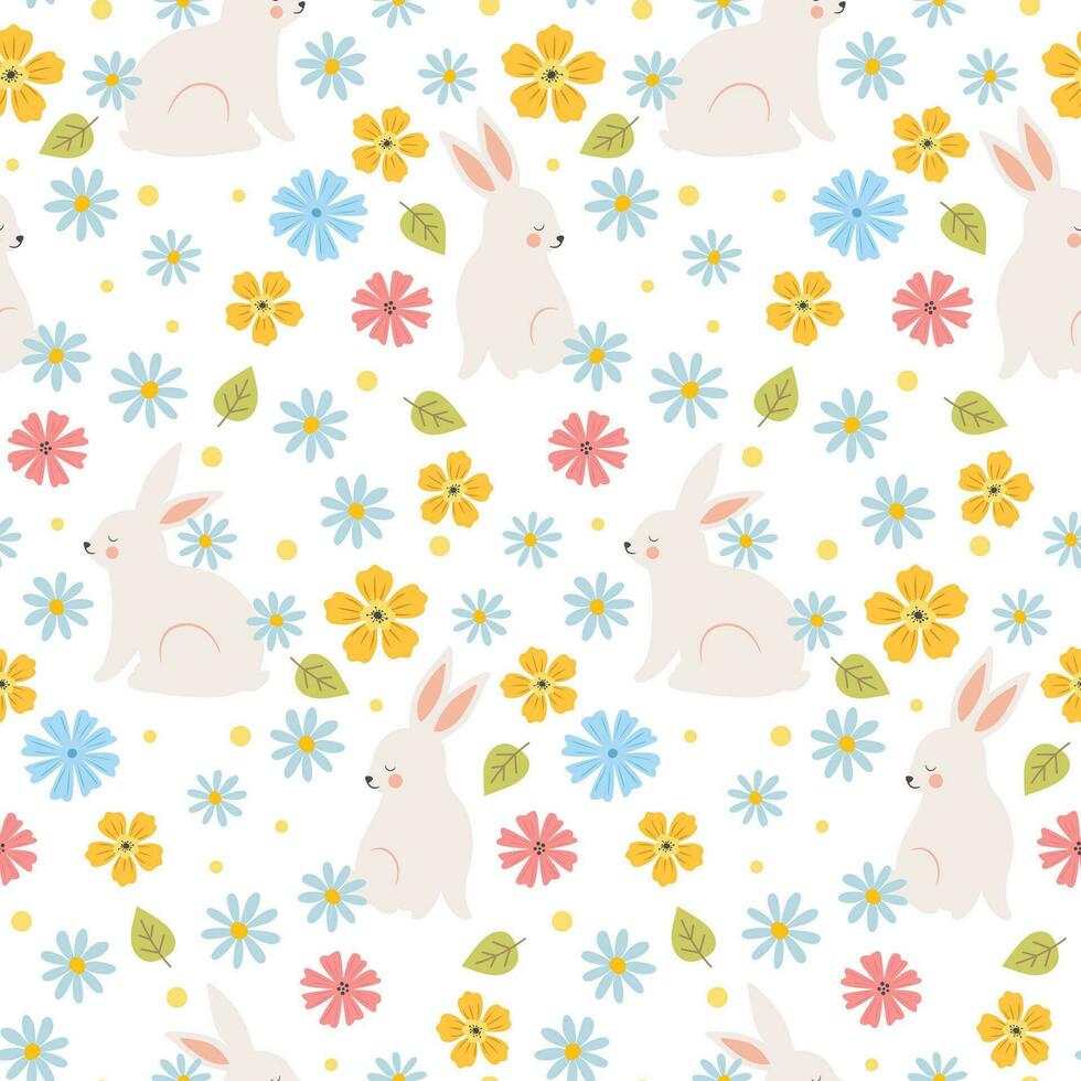 süß handgemalt nahtlos Muster mit Kaninchen, Blumen und Blätter vektor