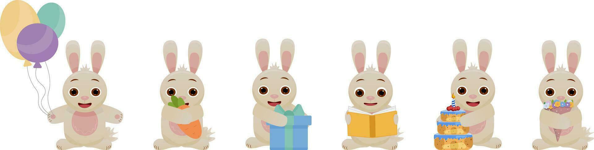 einstellen von Vektor Abbildungen von süß Hasen, Kaninchen .A Hase mit ein Geschenk, ein Ballon, ein Hase mit ein Kuchen, ein Hase mit ein Buch, ein Hase mit Blumen. feiern das Urlaub.