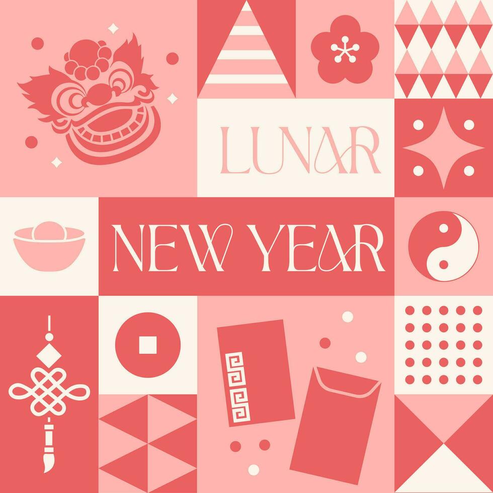 Chinesisch Mond- Neu Jahr nahtlos Muster im skandinavisch Stil Postkarte mit retro sauber Konzept Design vektor