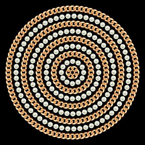Runda mönster med gyllene kedjor och pärlor. På svart. Vektor illustration