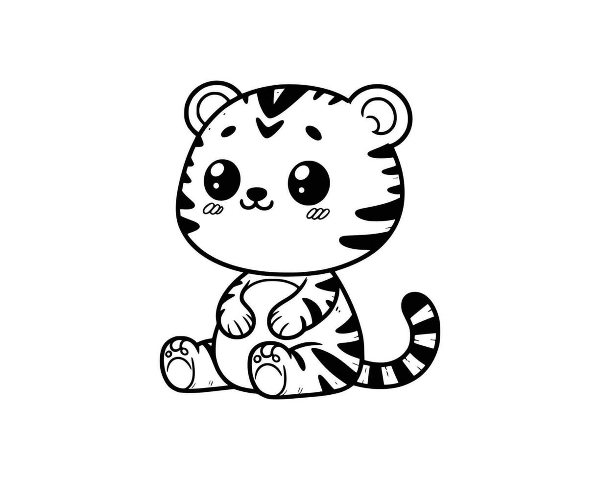 söt tecknad serie karaktär av tiger för färg bok. översikt linje konst. tryckbar design. isolerat vit bakgrund vektor