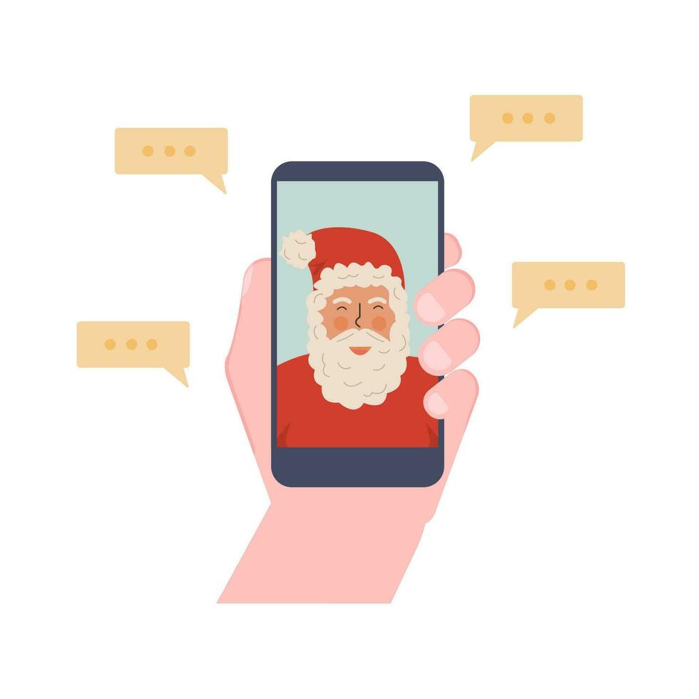 Kind Herstellung Video Anruf mit Santa Klaus. Hand halten Smartphone. Santa Berufung auf Gerät Bildschirm, Weihnachten chatten online mit Handy, Mobiltelefon App während Pandämie Sperrung auf Winter Feiertage. Vektor Illustration.