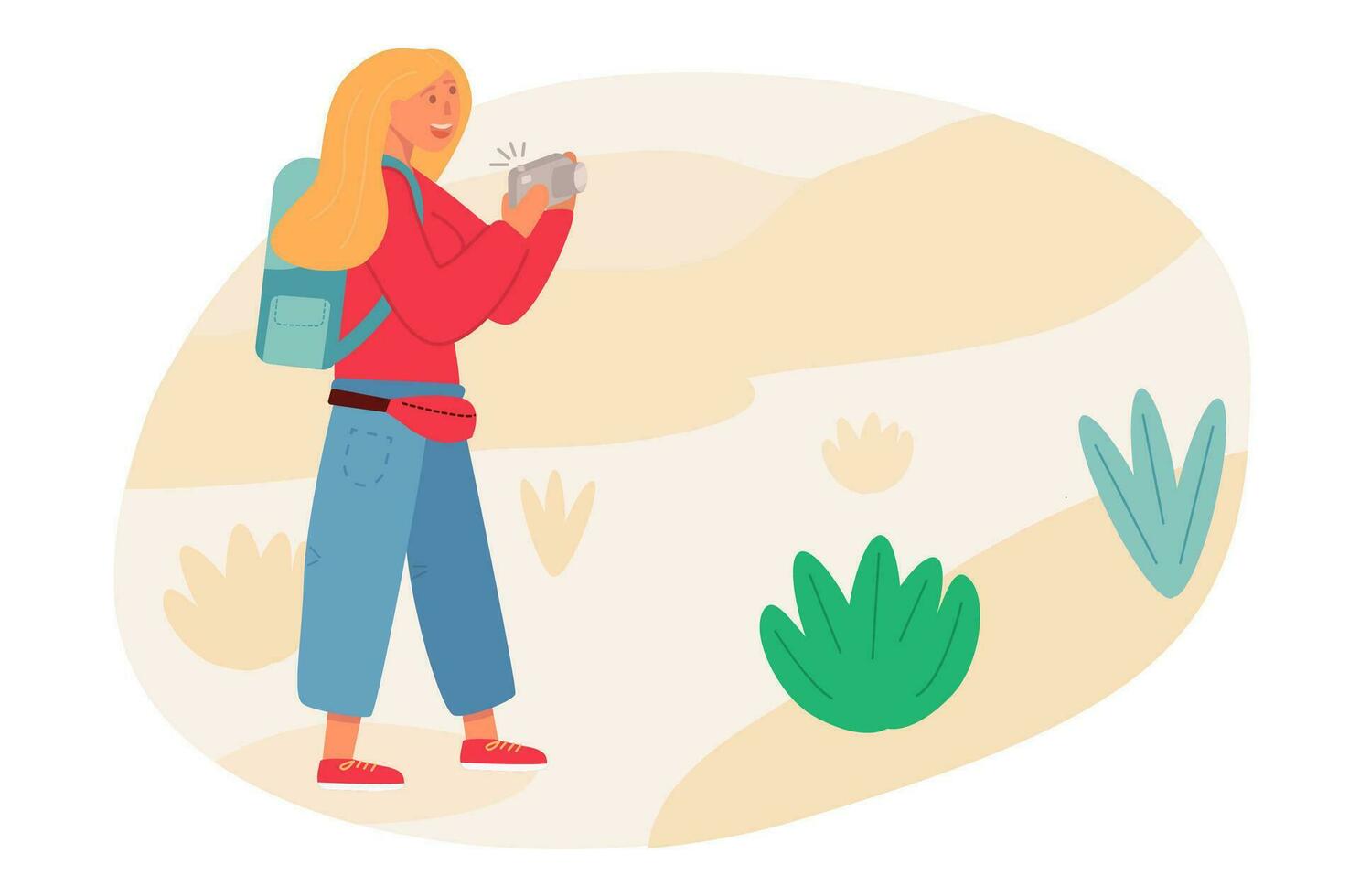 ein jung Tourist Frau mit Rucksack Wandern draußen und nehmen Bild von Landschaft. Dressing im bunt Trekking Kleidung. eben Vektor Illustration.