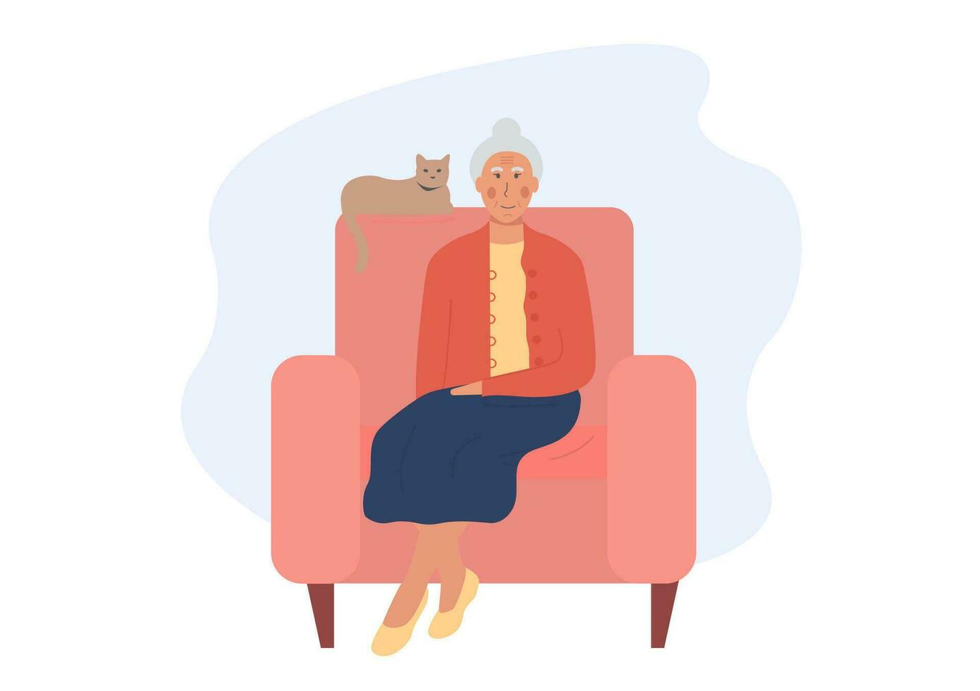 Oma Sitzung im Sessel mit Katze. Postkarte zum Großeltern Tag. ein Alten Frau bleibt beim heim. alt Frau verbringt Zeit mit ihr Haustier. Rentner allein. eben Vektor Illustration.