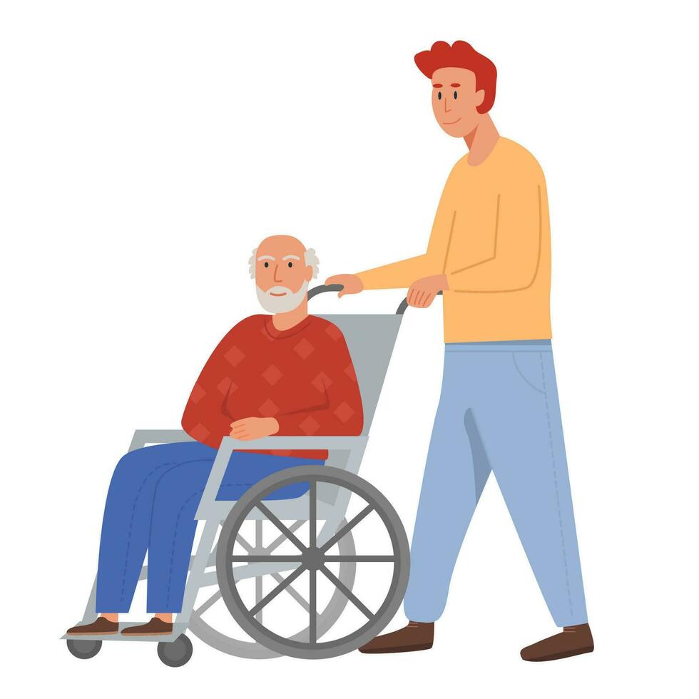 webson mit alt Mann auf Rollstuhl. Opa Sitzung im Rollstuhl. im Ruhestand Alten Senior Alter Mann Behinderte. Konzept zum unterstützt Leben oder Pflege- heim. eben Vektor Illustration auf Weiß Hintergrund