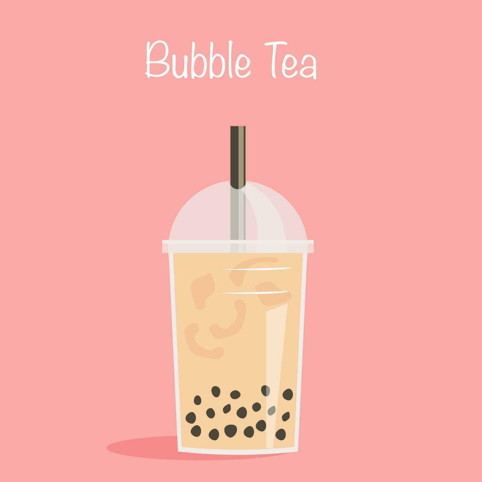 ta bort glas av pärla mjölk te med sugrör. en kopp av känd taiwanese bubbla te på rosa bakgrund med rubrik. vektor illustration för gata asiatisk drycker på natt marknadsföra. tapioka te.