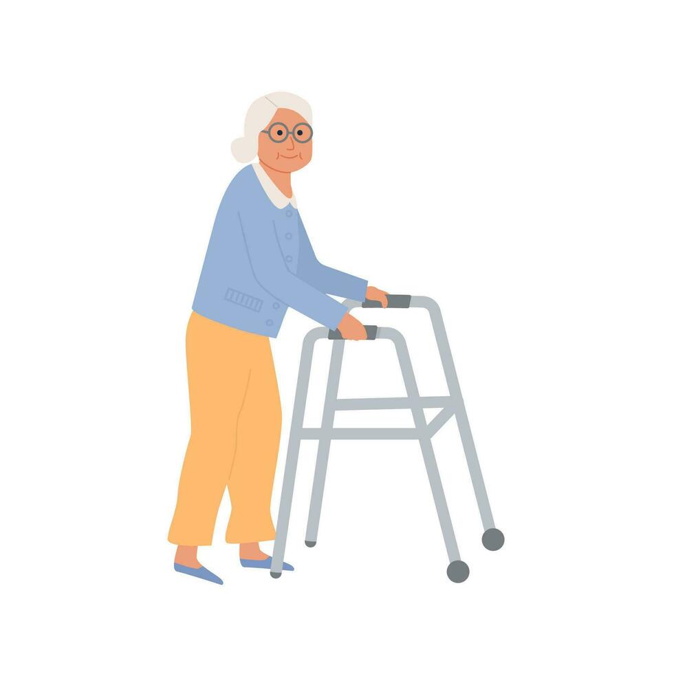 äldre Inaktiverad kvinna med paddla rollator. gammal lady mormor karaktär på vit bakgrund. amning Hem. senior kvinna få sjuk på sjukhus. vektor illustration.