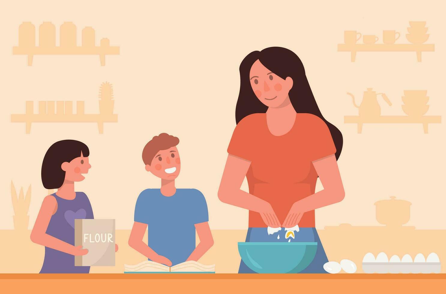 ein Konzept von Mutter Kochen mit Kinder. Zuhause Bildung. Kinder Portion auf Küche Backen, vorbereiten ein Mahlzeit zusammen mit Sohn und Tochter während Quarantäne. eben Vektor Karikatur Illustration.