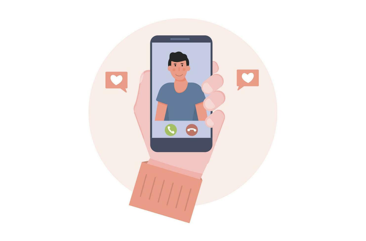 Junge Dating App Hand halten Smartphone. Liebe Vektor. Handy, Mobiltelefon Internet, Sozial Medien. modern Kommunikation. eben Vektor Illustration.