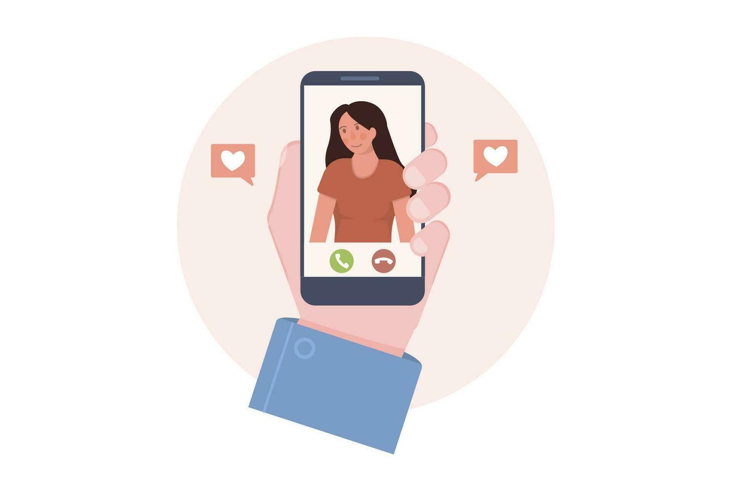 Telefon Anruf zu Freundin. ein Handy, Mobiltelefon halten Hand mit Mädchen auf Bildschirm. Konzept von Dating App oder Video Plaudern. eben Vektor Illustration.