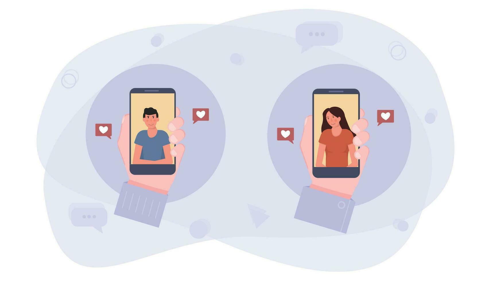 virtuell Datum Konzept. ein Hand halten Smartphone mit Dating App. ein Mädchen und Junge Senden Liebe Mitteilungen. Vektor eben Illustration.