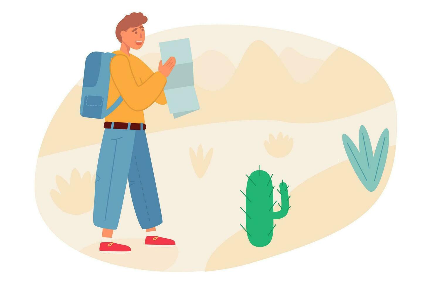 Konzept von Backpacker Gehen Wandern auf Natur. ein froh Mann halten ein Karte. draussen Aktivität. Trekking im Berge. eben Vektor Illustration