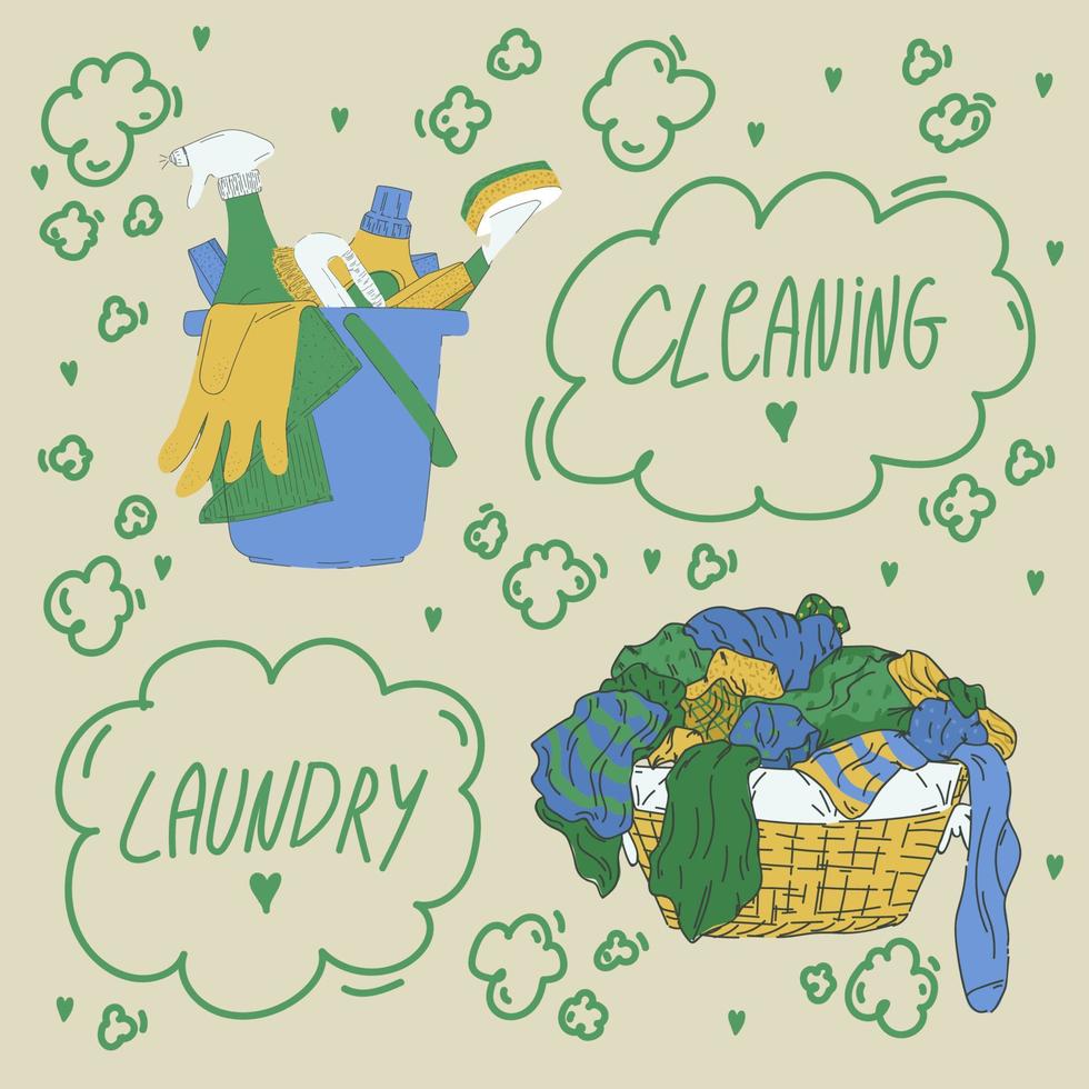Plakat für die Waschküche. eine Illustration mit einem Eimer und einem Korb mit schmutziger Wäsche im Doodle-Kreis. Cartoon-Bilder mit Aufschriften von Wäsche- und Reinigungsservice. Vektor-Illustration vektor
