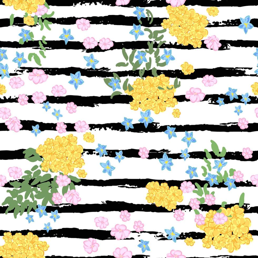 Vektor nahtlose bunte Muster mit Abbildung von blühenden Blumen auf schwarz-weiß gestreiften Hintergrund. us itd für Tapeten, Musterfüllung, Seite, Oberflächenstruktur, Textildruck, Geschenkpapier