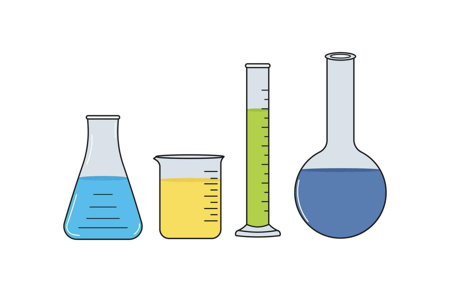 vektor illustration uppsättning av medicinsk kemisk glas, bägare glas,erlenmayer flaska vetenskaplig i klotter stil