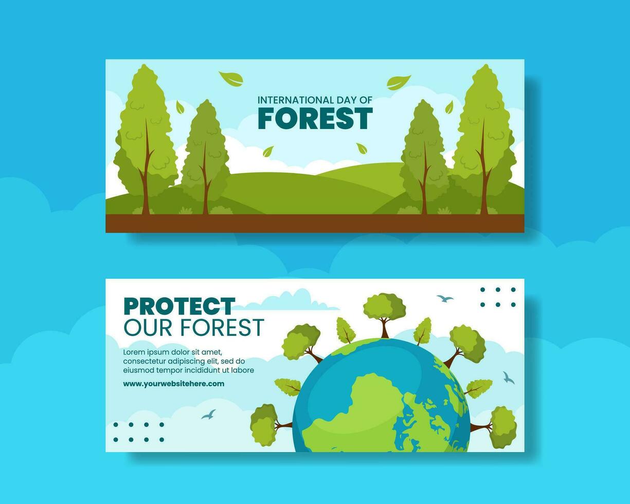 Wald Tag horizontal Banner eben Karikatur Hand gezeichnet Vorlagen Hintergrund Illustration vektor