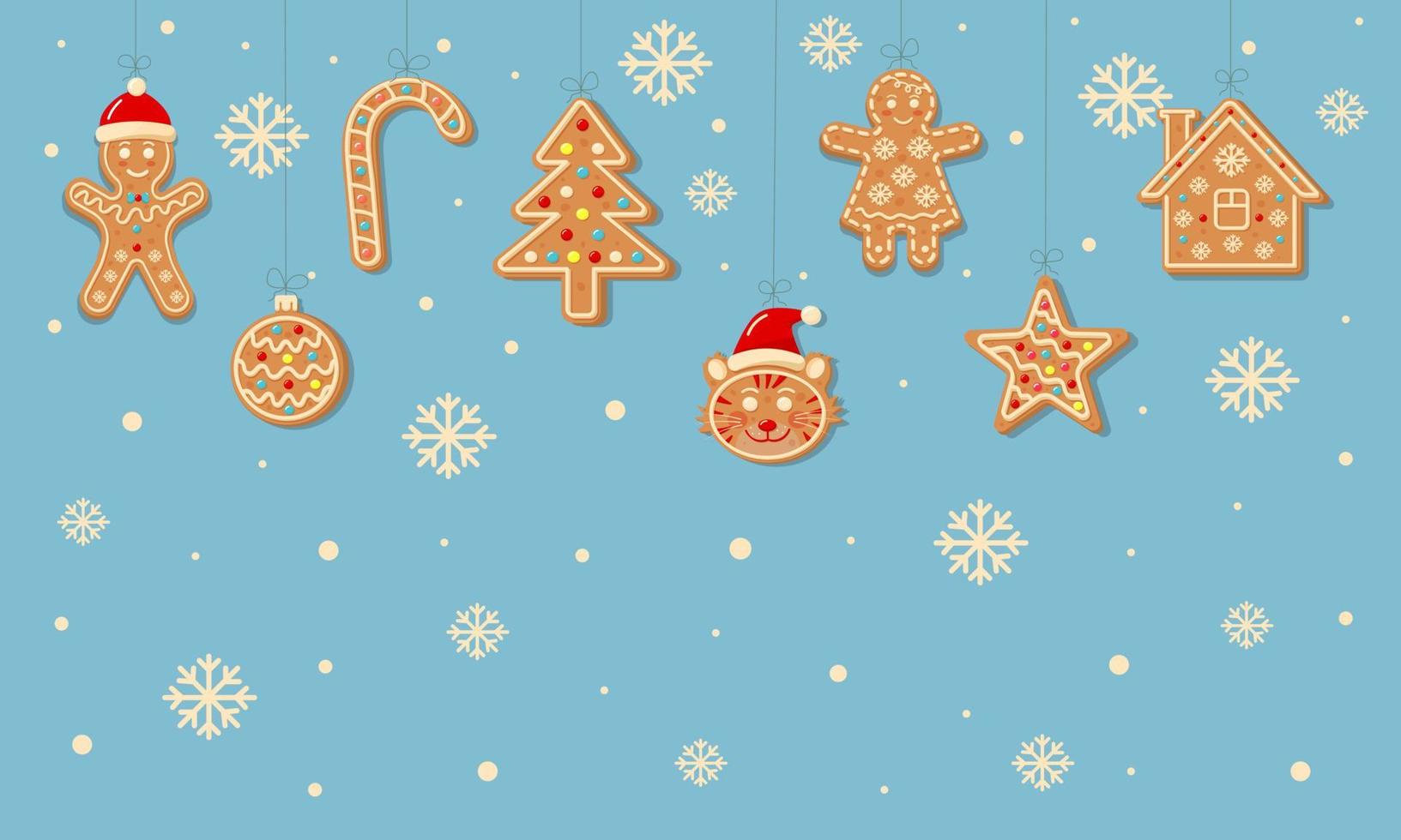 Weihnachtshintergrund mit hängenden Lebkuchenplätzchen. vektor