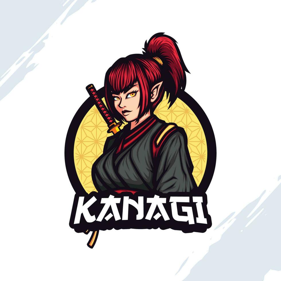 maskot logotyp av en kvinna med röd hår i en hästsvans bär svart kläder och innehav en katana vektor
