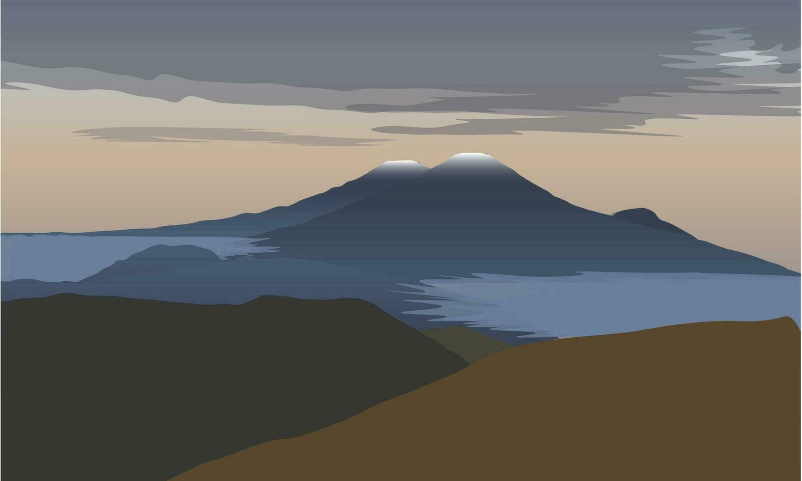 berg se från de kulle i de morgon- med moln. vektor skön berg i de morgon- med morgon- dimma på de berg