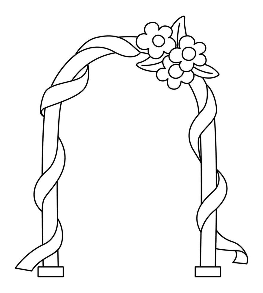 Vektor schwarz und Weiß Hochzeit Bogen mit Blumen und Schleife. süß Linie Ehe Clip Art Element zum Braut und Bräutigam. gerade verheiratet Paar Zubehörteil. Karikatur Zeremonie Illustration oder Färbung Seite