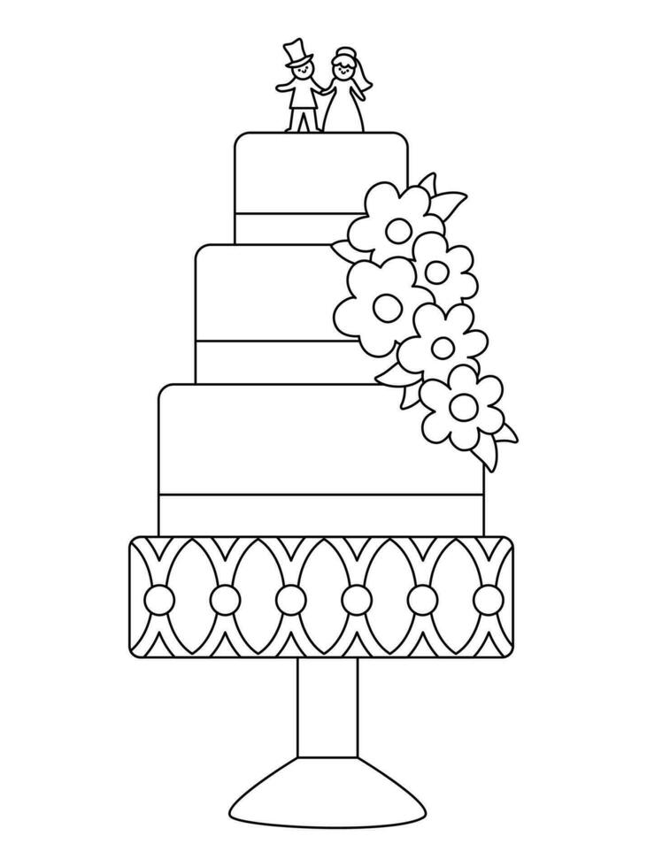 Vektor schwarz und Weiß Hochzeit Kuchen mit Blumen, Band, wenig Braut und Bräutigam Statuetten. süß Linie Ehe Clip Art Element. gerade verheiratet Paar Nachtisch. Karikatur Zeremonie Färbung Seite