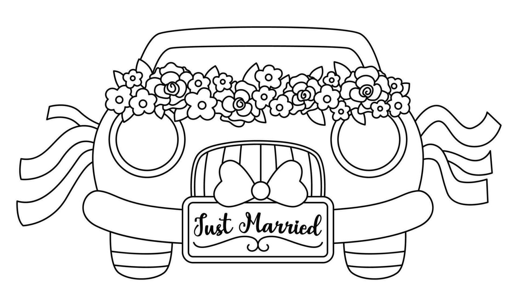 vektor svart och vit bröllop bil dekorerad med blommor och band. smekmånad linje bil med bara gift tallrik. söt äktenskap ClipArt. brud och brudgum transport färg sida