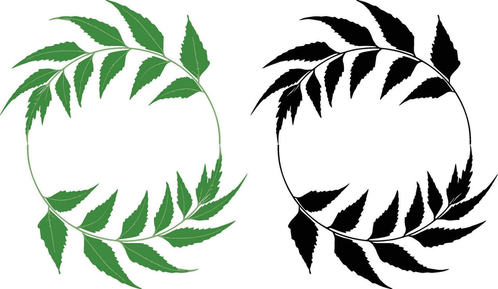 två löv i en cirkel med en vit bakgrund, hand dragen illustration blad ram, vektor