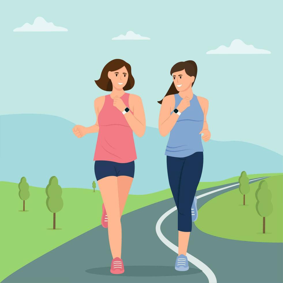 glücklich Frauen Laufen draussen zusammen. Sport Aktivität, gesund Lebensstil. . einfach Landschaft Hintergrund. eben Vektor Illustration