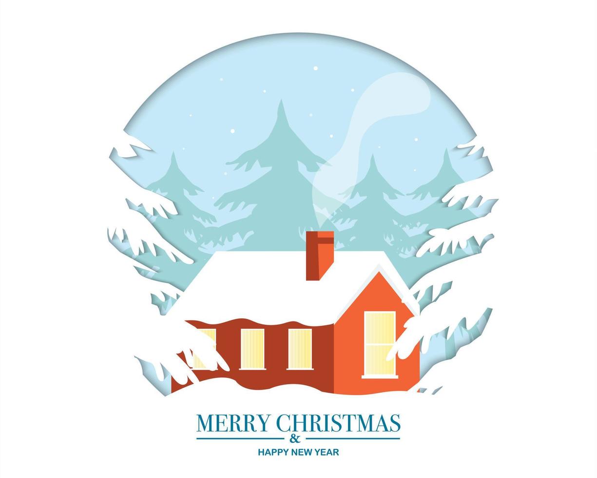 god jul gott nytt år med ett hus i vinter skogspapper koncept vektor