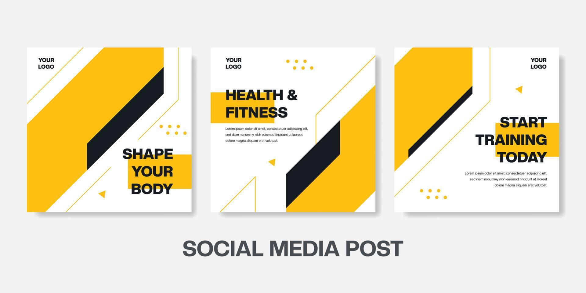 fitness banner post gul bakgrund. sport gym social media inlägg med modern trendig form. vektor illustration.