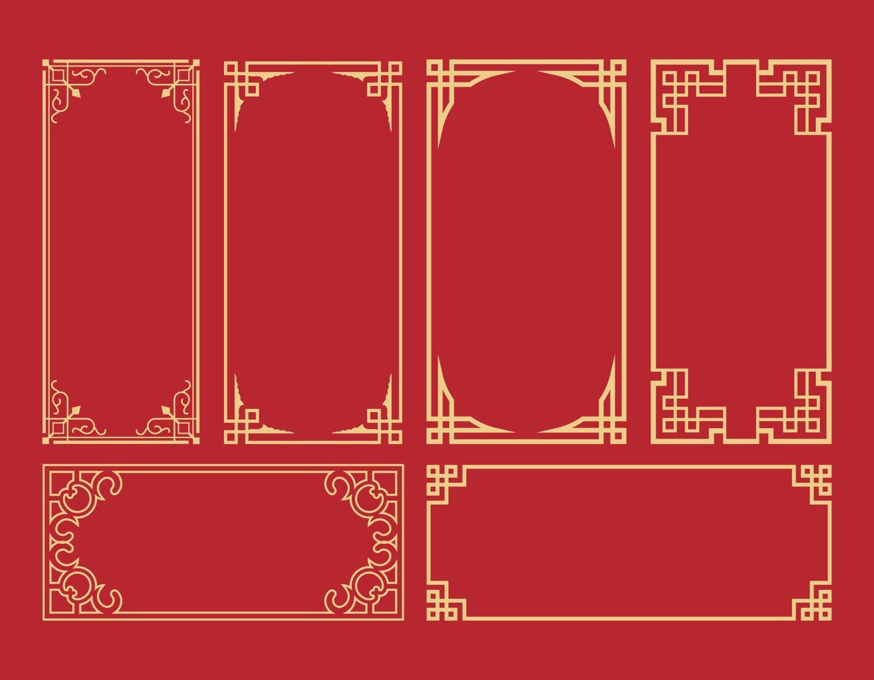chinesisches Vintage-Rahmenset. verschiedene orientalische Ornament Rahmenmuster auf rotem Grund. retro chinesisches neujahr rahmen gesetzt vektor