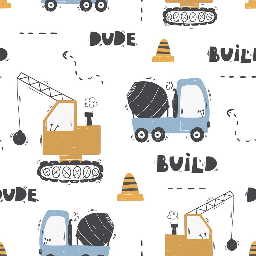 söta barns sömlösa mönster med lastbilar och grävare i skandinavisk stil på en vit bakgrund. byggnadsutrustning. roligt konstruktionstransport digitalt papper vektor