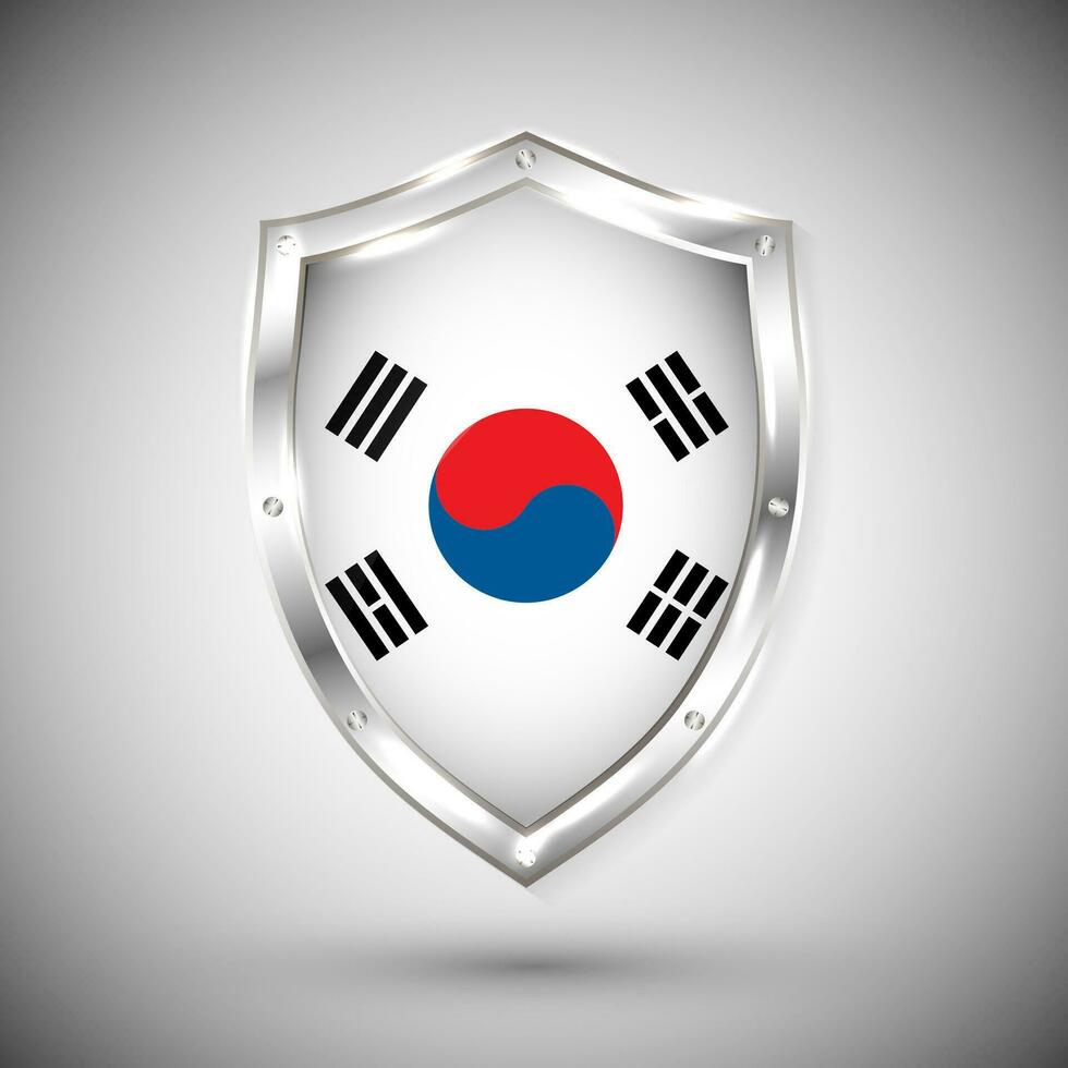 söder korea flagga på metall skinande skydda vektor illustration. samling av flaggor på skydda mot vit bakgrund. abstrakt isolerat objekt