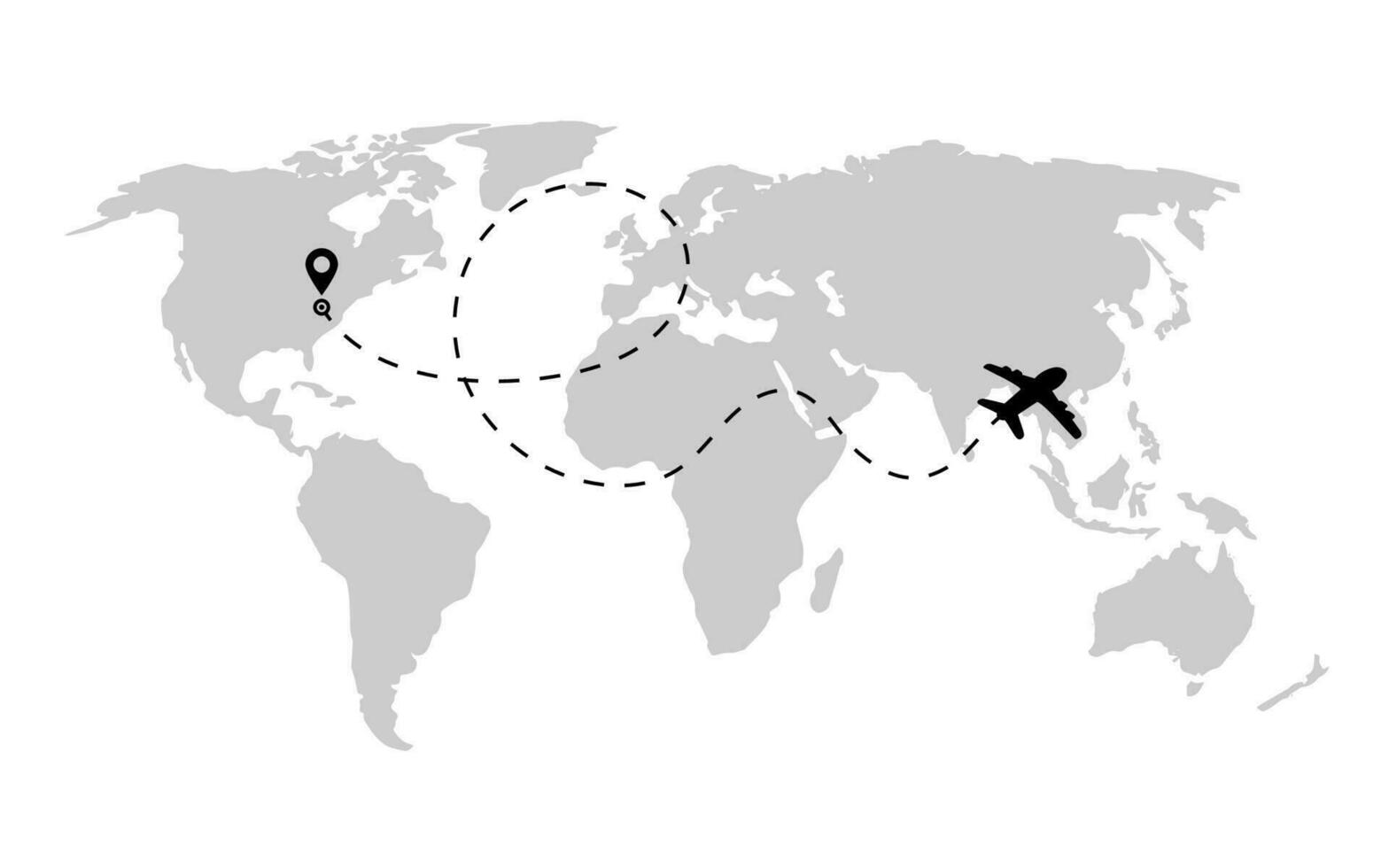 flygplan väg i streckad linje form på värld Karta. rutt av plan med värld Karta isolerat på vit bakgrund. vektor