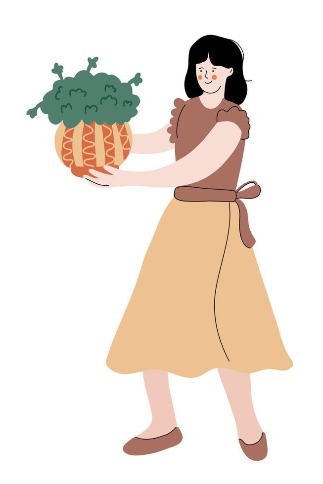 nette Frau trägt einen beigen langen Rock mit einer Topfpflanze vektor