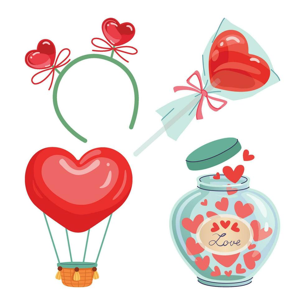 valentines dag element ClipArt. pannband med hjärtan, luft ballong, burk med hjärtan, och hjärtformade klubba. uppsättning av tecknad serie vektor illustrationer för hälsning kort, baner, klistermärke, och inbjudan.