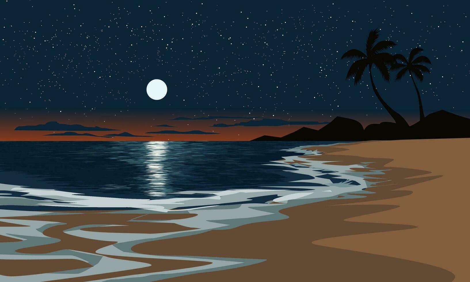 Fantastisk starry natt på strand med handflatan träd och full måne vektor