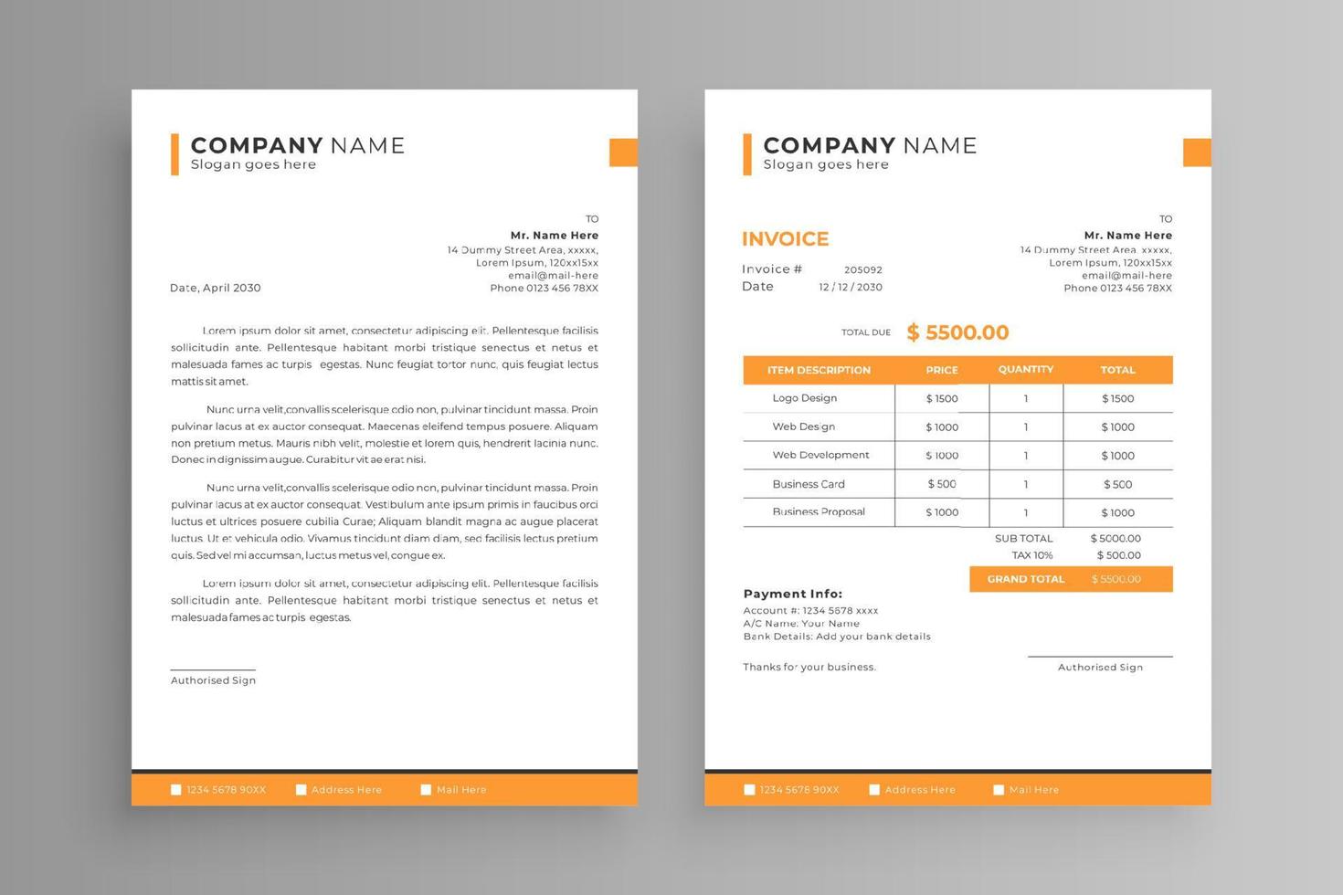 faktura och brevpapper design med orange detaljer vektor