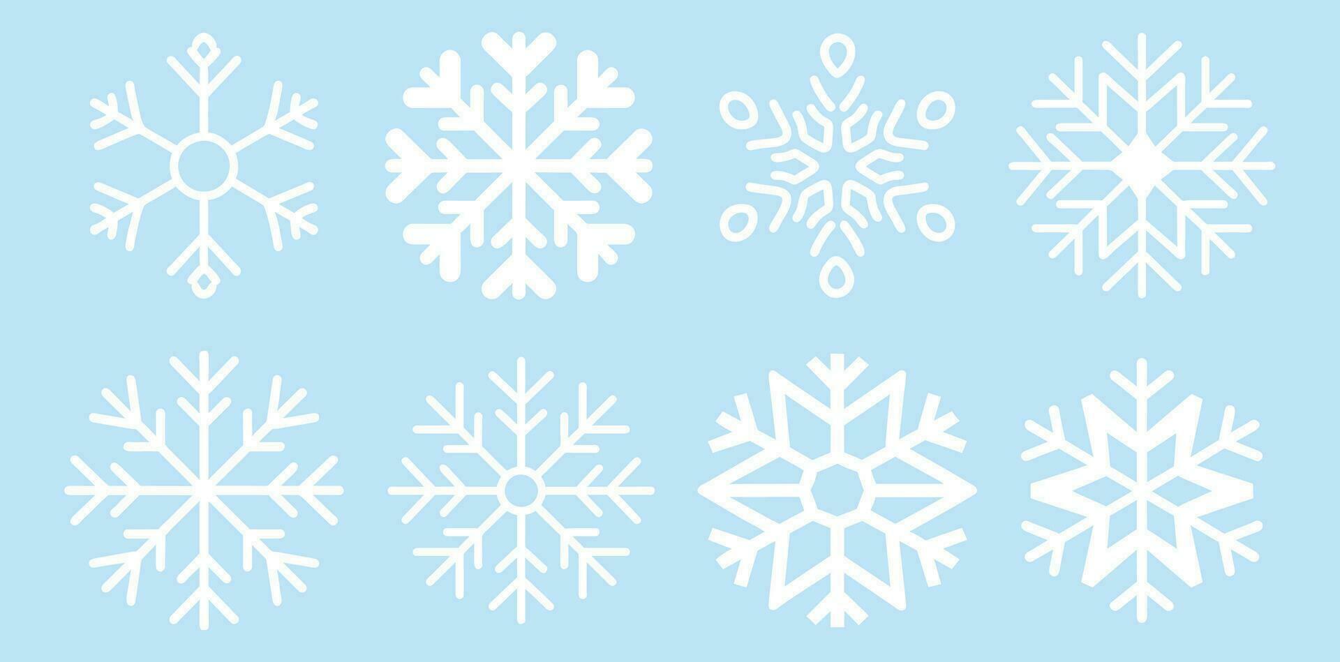süß Schneeflocken Sammlung isoliert auf Blau Hintergrund. eben Schnee Symbole, Silhouette. vektor
