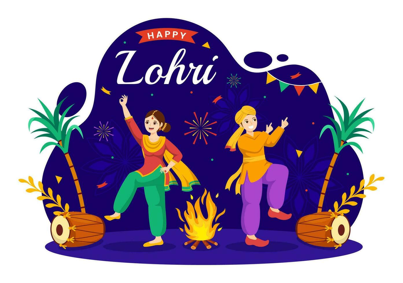 Lycklig lohri festival av punjab Indien vektor illustration av spelar dansa och firande bål med trummor och drakar i platt tecknad serie bakgrund