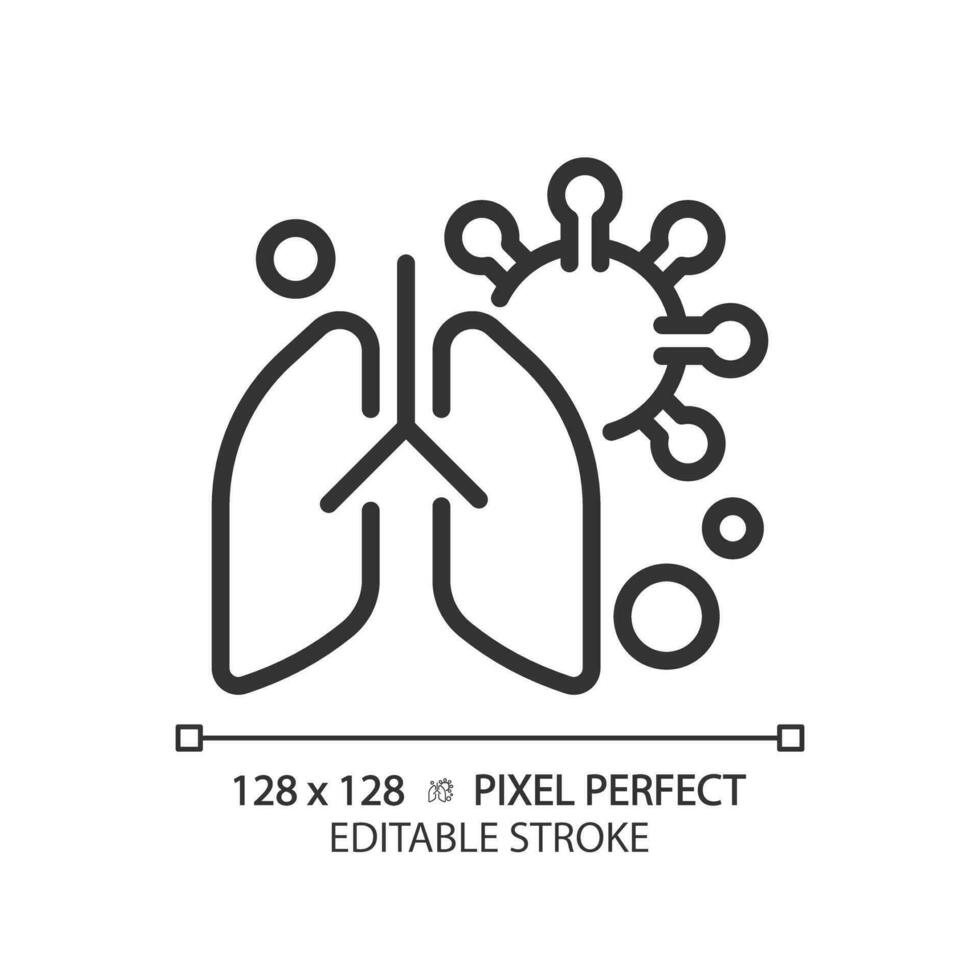 2d Pixel perfekt editierbar schwarz Lunge mit Virus Symbol, isoliert Vektor, einfach dünn Linie Illustration Darstellen Bakterien. vektor