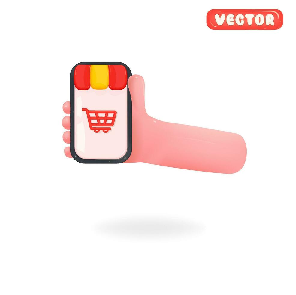 Vektor Karikatur Attrappe, Lehrmodell, Simulation von ein Hand halten ein Telefon. Karikatur Hand halten ein Smartphone, im das bilden von ein speichern, isoliert auf ein Weiß Hintergrund.