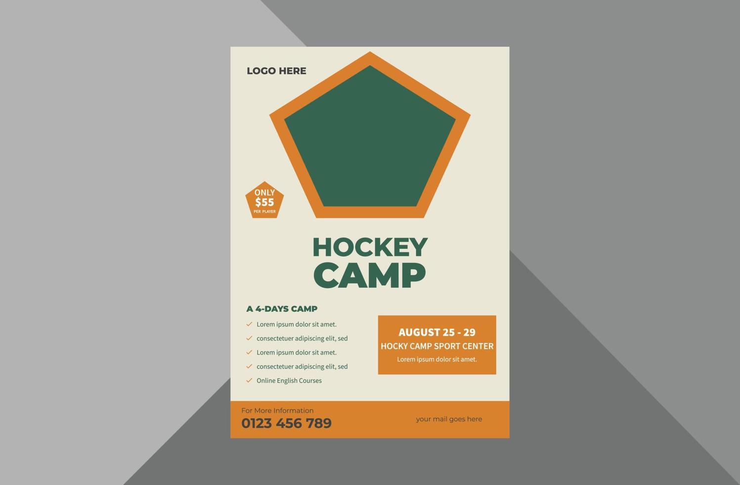 Entwurfsvorlage für Hockeycamp-Flyer. Sportereignis-Plakat-Broschürendesign. Hockeysport-Flyer. A4-Vorlage, Broschürendesign, Cover, Flyer, Poster, druckfertig vektor