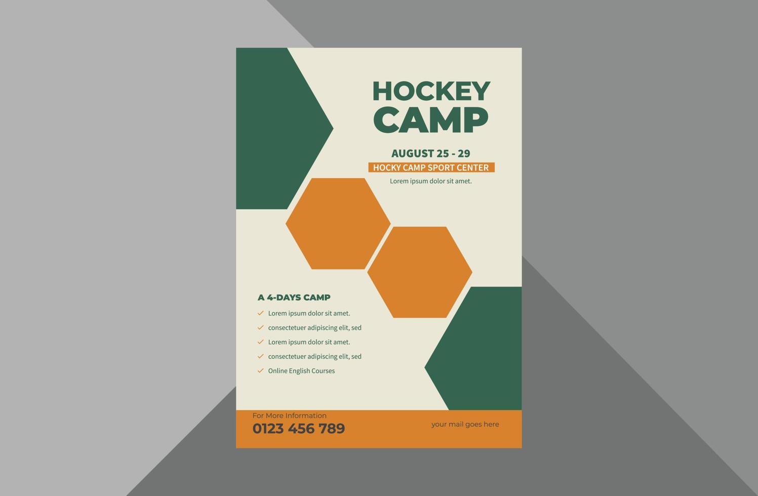 Entwurfsvorlage für Hockeycamp-Flyer. Sportereignis-Plakat-Broschürendesign. Hockeysport-Flyer. A4-Vorlage, Broschürendesign, Cover, Flyer, Poster, druckfertig vektor