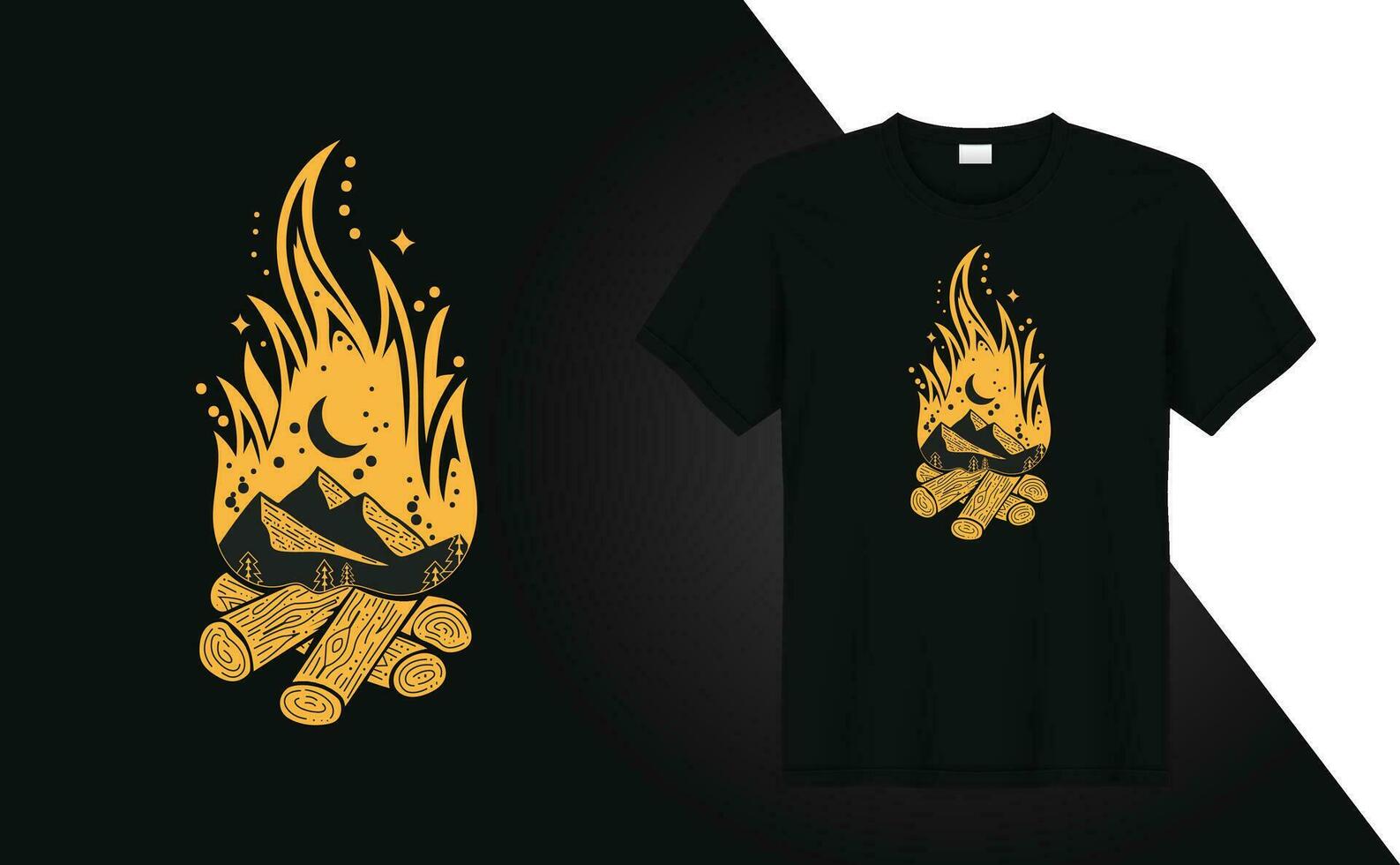 lägereld tshirt design läger brinnande bål med flamma för camping tshirt skriva ut vektor