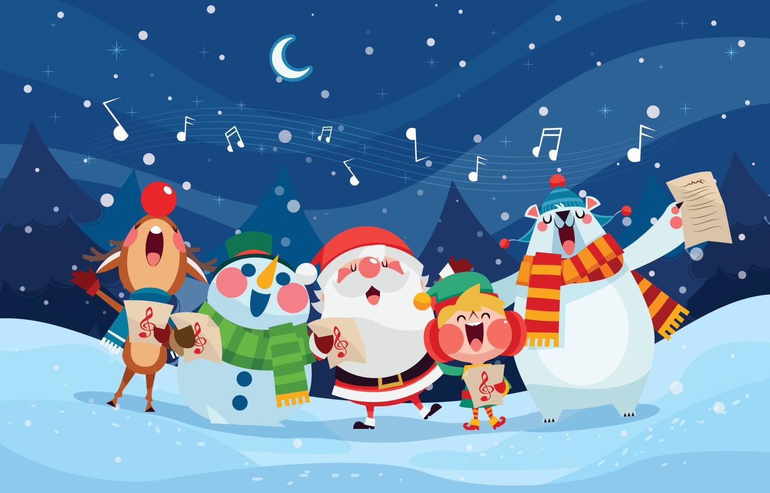 Weihnachtsmann und Freunde singen im Schneekonzept vektor