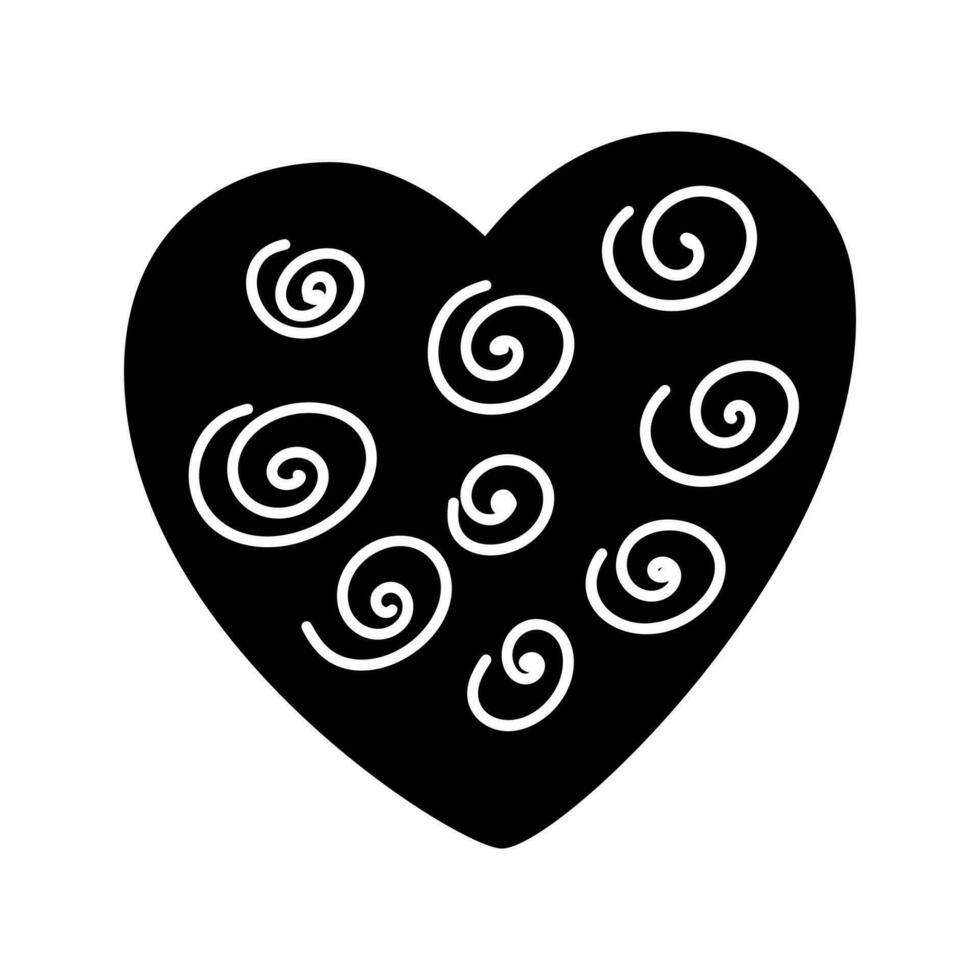 hand dragen svart hjärta kärlek med vit virvlar runt. vektor valentine form logotyp ikon illustration. dekor för hälsning kort, bröllop, mugg, Foto överlägg, t-shirt skriva ut, flygblad, affisch design