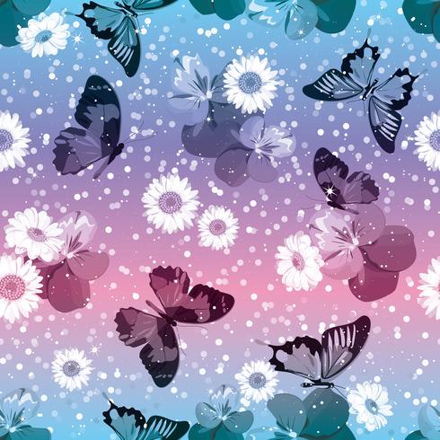 Blommigt sömlöst mönster. Pansies med chamomiles, buttrflies på sparkle rosa och blå bakgrund. Vektor illustration